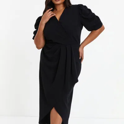 Quiz Plus Size Wrap Pleated Ruched Sleeve Midi Dress In Black