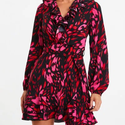 Quiz Printed Front Wrap Skater Dress In Pink