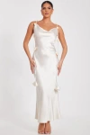 Quiz Satin Cowl Neck Maxi Dress With Trailing Floral Trim In Champagne
