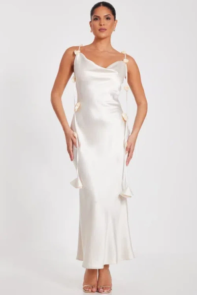 Quiz Satin Cowl Neck Maxi Dress With Trailing Floral Trim In Champagne