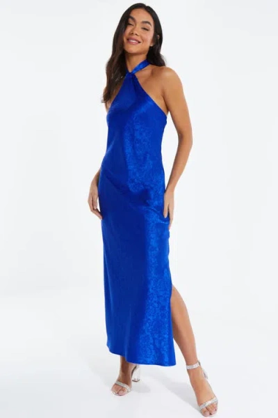 Quiz Satin Halter Neck Maxi Dress In Blue