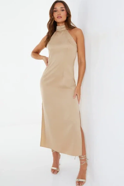 Quiz Satin Halter Neckline Midi Dress In Neutral