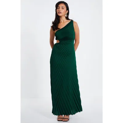 Quiz Satin Pleated One Shoulder Maxi Dress In Bottle Green