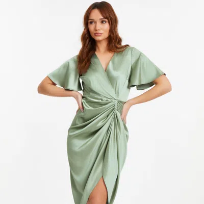 Quiz Satin Ruched Wrap Midi Dress In Green