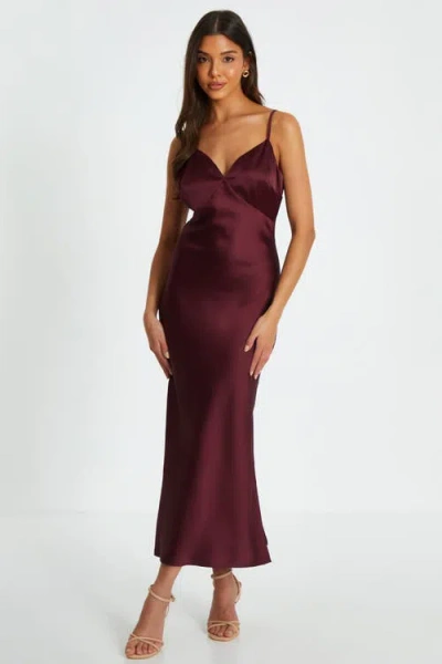 Quiz Satin V Neck Slip Midaxi Dress In Wine