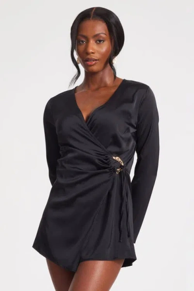 Quiz Satin Wrap Buckle Romper In Black