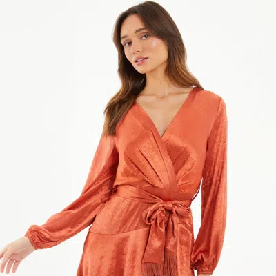 Quiz Satin Wrap Fringe Belted Skater Dress In Orange