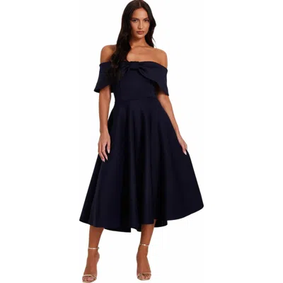 Quiz Scuba Bardot Bow Detail Skater Dress In Navy