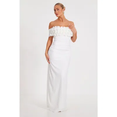 Quiz Scuba Crepe Bardot Maxi With 3d Floral Trim In White