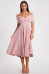Quiz Scuba Crepe Bardot Wrap Midi Skater Dress In Blush