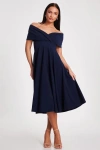 Quiz Scuba Crepe Bardot Wrap Midi Skater Dress In Navy