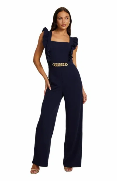 Quiz Scuba Crepe Chain Front Frill Jumpsuit In Navy