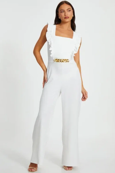 Quiz Scuba Crepe Chain Front Frill Jumpsuit In White