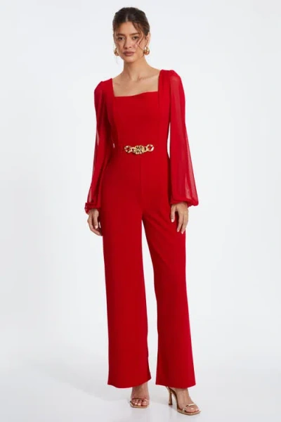 Quiz Scuba Crepe Chiffon Sleeve Jumpsuit In Red