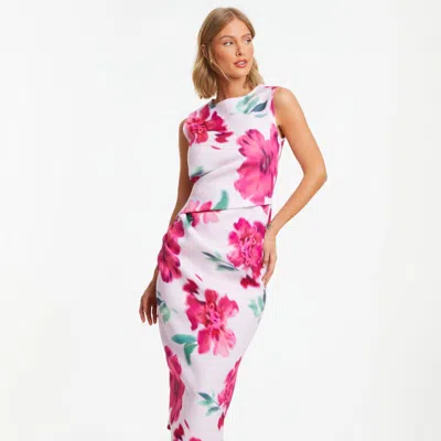 Quiz Scuba Crepe Floral Round Neck Midi Dress In Pink