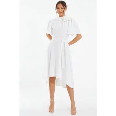 Quiz Scuba Crepe Flower Detail Dip Hem Dress In White
