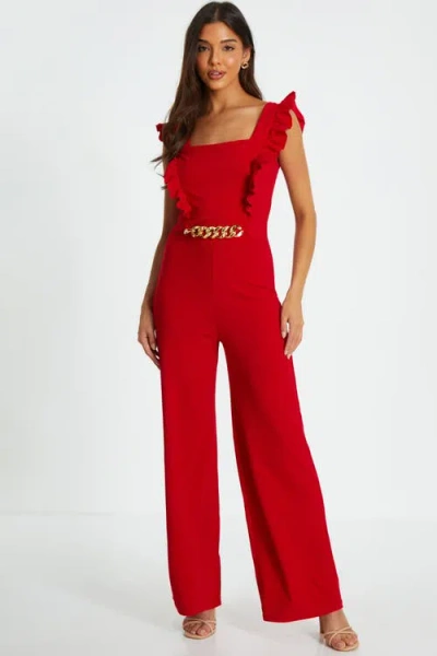 Quiz Scuba Crepe Frill Sleeve Chain Belt Palazzo Jumpsuit In Red
