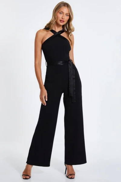 Quiz Scuba Crepe Halter Jumpsuit With Satin Trim In Black
