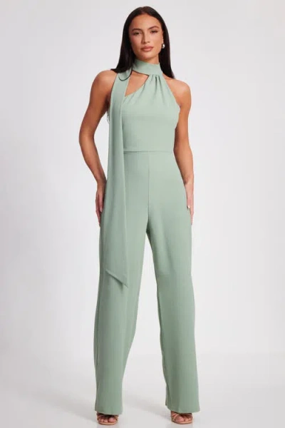 Quiz Scuba Crepe Halter Neck Jumpsuit With Scarf Tie Detail In Sage