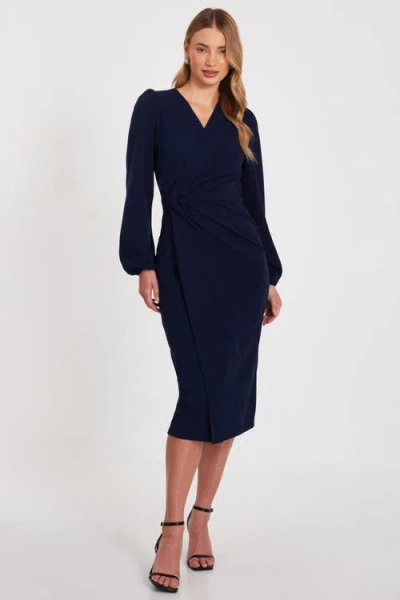 Quiz Scuba Crepe Long Sleeve Wrap Midi Dress In Navy