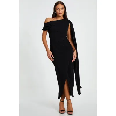 Quiz Scuba Crepe Off The Shoulder Sash Maxi Dress In Black