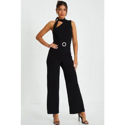 Quiz Scuba Crepe Tie Neck Palazzo Jumpsuit In Black