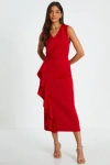 Quiz Scuba Crepe Wrap Frill Midi Dress In Red