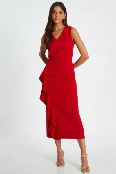 Quiz Scuba Crepe Wrap Frill Midi Dress In Red