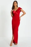 Quiz Scuba Crepe/satin Bardot Wrap Maxi Dress In Red