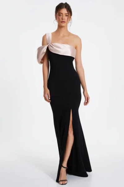 Quiz Scuba Crepe/satin Off The Shoulder Split Leg Fishtail Maxi Dress In Black