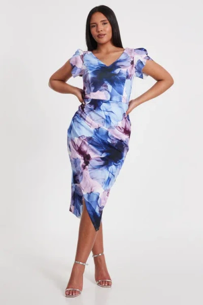 Quiz Scuba Floral Frint Cap Sleeve Midi Bodycon Dress In Multi
