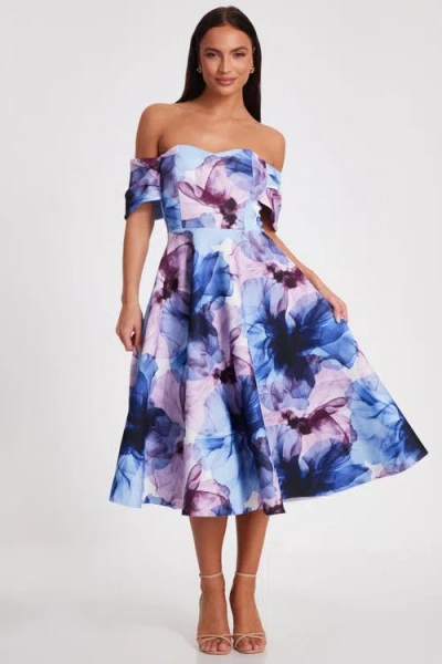Quiz Scuba Floral Print Bardot Midi Skater Dress In Light Blue