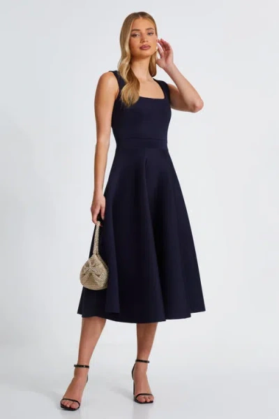 Quiz Scuba Foam Square Neck Skater Dress In Navy