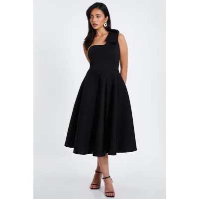 Quiz Scuba One-shoulder Bow Skater Midi Dress In Black