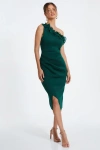 Quiz Scuba One-shoulder Trim Ruched Midi Dress In Green