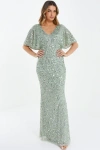 Quiz Sequin Batwing Maxi Dress In Sage