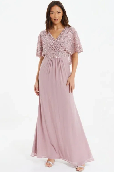Quiz Sequin Cape Sleeve Maxi Dress In Pink