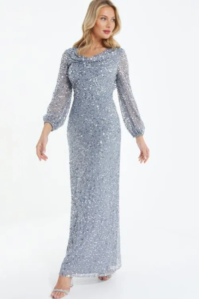 Quiz Sequin Cowl Front Maxi Dress In Grey