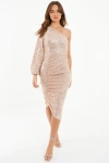 Quiz Sequin One Shoulder Midi Dress In Neutral