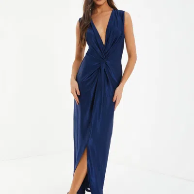 Quiz Slinky Knot Front Maxi Dress In Blue