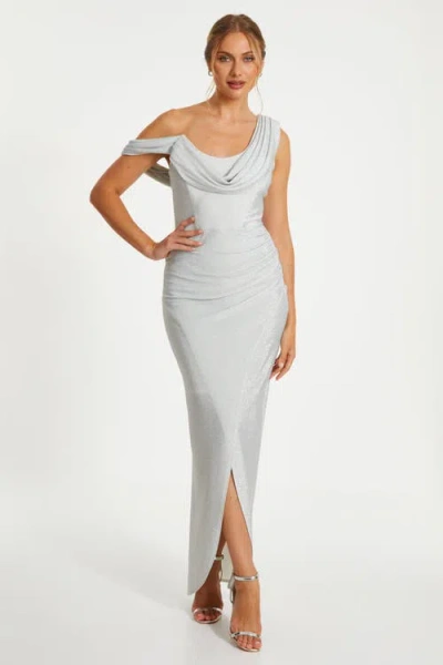 Quiz Stretch Shimmer Cowl Wrap Maxi Dress In Silver