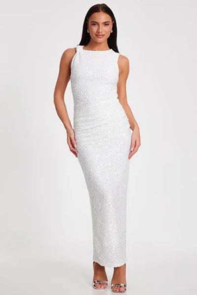 Quiz Textured Sequin Knot Shoulder Maxi Dress In Cream