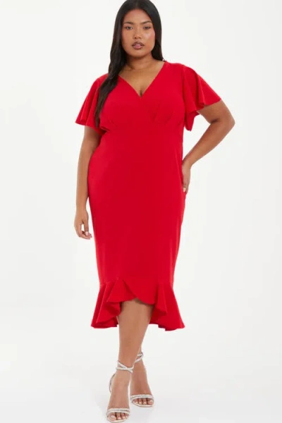 Quiz Plus Size V-neck Frill Hem Midi Dress In Red