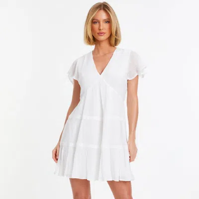 Quiz V-neck Frill Sleeve Tunic Dress In White