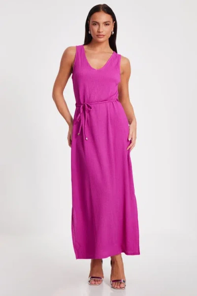 Quiz V Neck Maxi Dress With Tie Belt Detail In Magenta