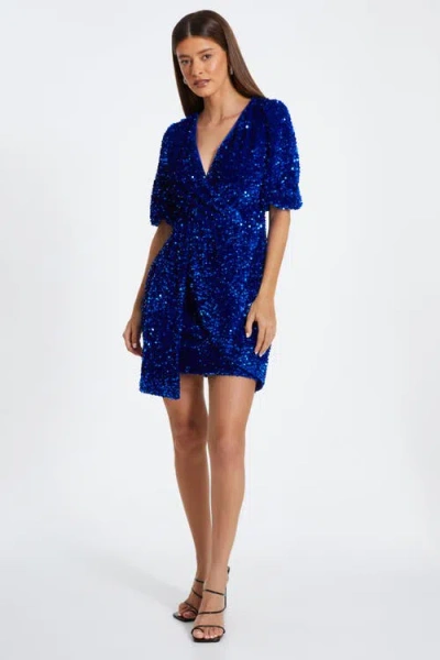 Quiz V Neck Wrap Mini Sequin Dress In Royal Blue