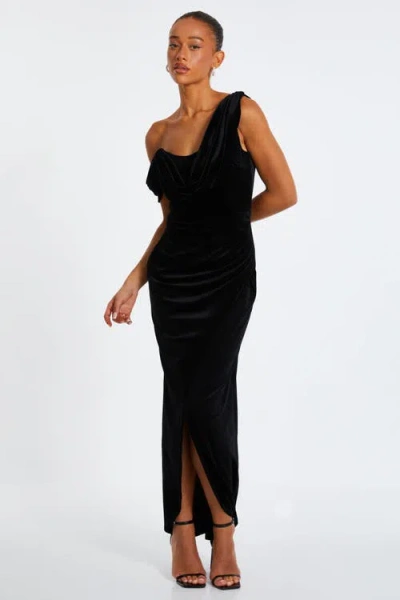 Quiz Velvet Asymmetric Cowl Detail Maxi Dress In Black