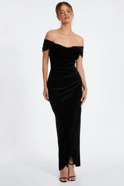 Quiz Velvet Cowl Bardot Maxi Dress In Black