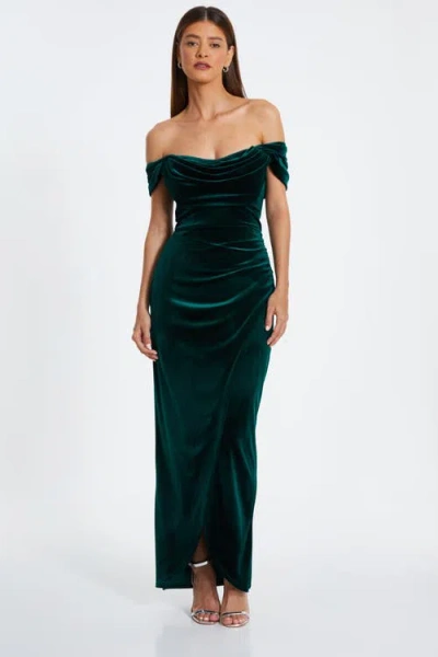 Quiz Velvet Cowl Bardot Maxi Dress In Green