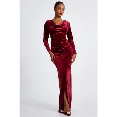Quiz Velvet Cowl Long Sleeve Maxi Dress In Berry